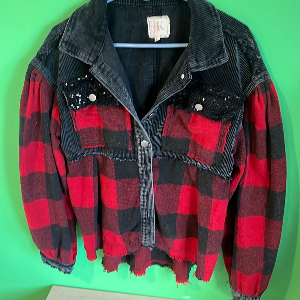 Buffalo Plaid Cord Sequin Acid Wash Shacket size large